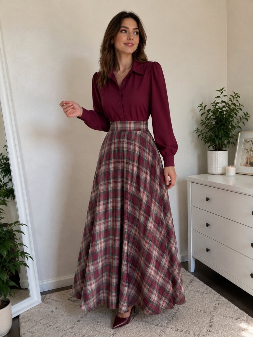 Burgundy Plaid Maxi Dress Long Sleeve High Waist Elegant Fall Outfit